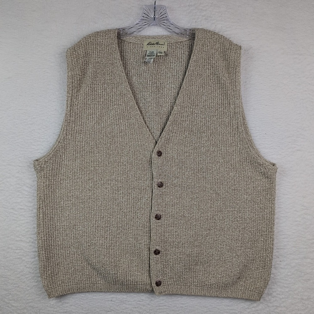 VTG Eddie‎ Bauer Sweater Vest Men's Large Beige Oatmeal Waffle USA Made Cotton